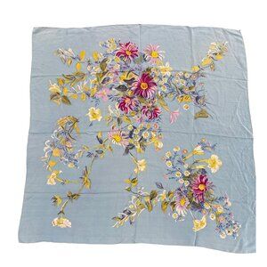 Vintage Floral Silk Scarf Handrolled Blue Soft Pastel Daisy Print Elegant Large